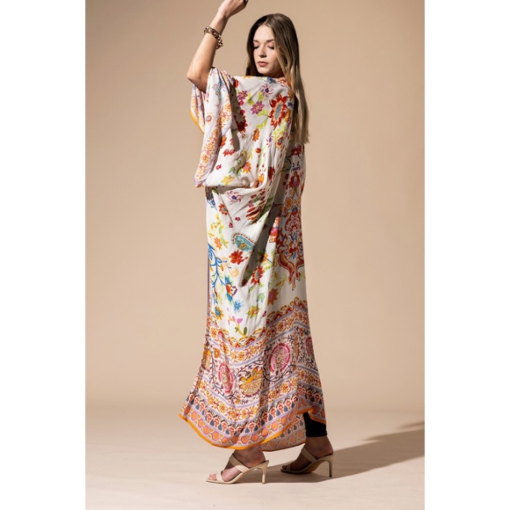 SOLD OUT Colorful Vibrant Delphi Floral Paisley Open Wrap Duster Kimono Top One - Picture 7 of 9